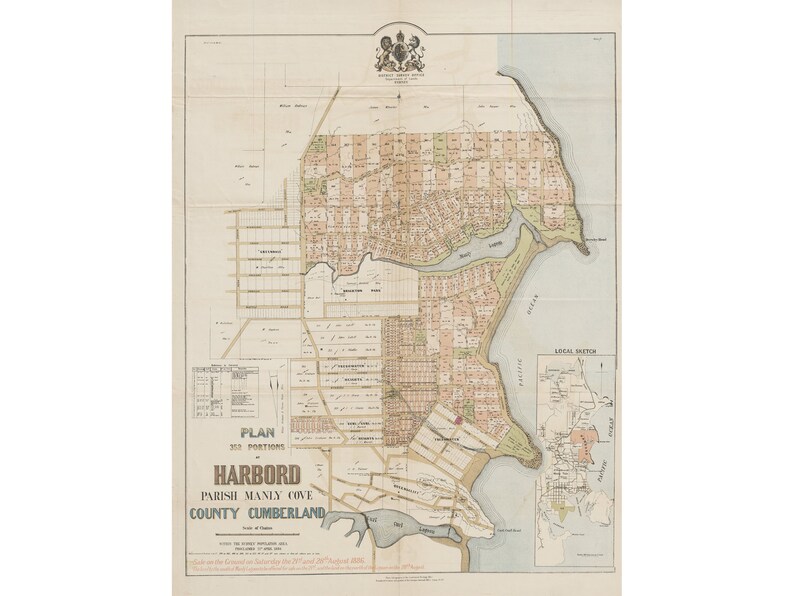 Vintage Map Manly Sydney Estate Sales Map 1886 Cove Freshwater Queenscliff Curl Curl Harbord