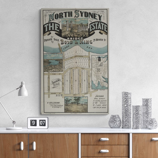 North Sydney Bridge Estate Vintage Estate Map 1892 Long Gully Cammeray Sydney Old Map Antique Print Poster Wall Art Retro Home Decor Gift