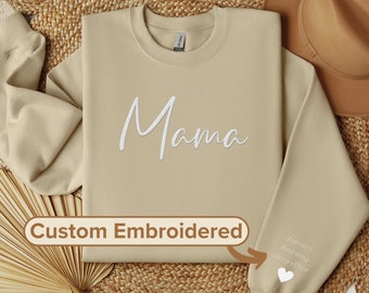 Personalized Gift for Mom, Gift from Kids, Embroidered Sweater, Mama Sweatshirt, Custom Sweatshirt Name on Sleeve, First Mothers Day Gift