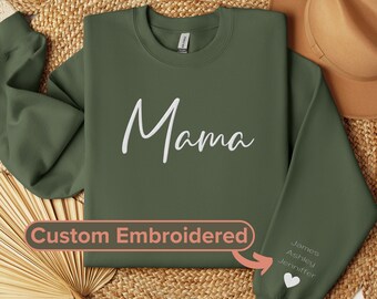 Personalized Gift for Mom, Gift from Kids, Embroidered Sweater, Mama Sweatshirt, Custom Sweatshirt Name on Sleeve, First Mothers Day Gift