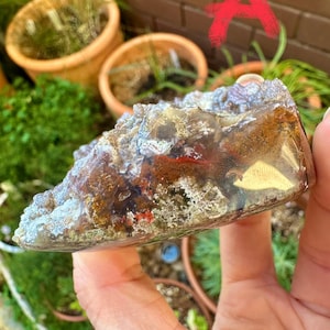 Könnte beinhalten: Ein poliertes Naturstein-Exemplar mit einer Mischung aus Braun-, Rot- und Weißtönen. Der Stein hat eine kristalline Struktur und eine glatte, durchscheinende Oberfläche. Der Stein wird in einer Hand gehalten.