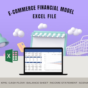 以下が含まれることがあります： 電子商取引ビジネスの財務データをExcelスプレッドシートに表示したラップトップコンピューター。スプレッドシートには、主要業績評価指標（KPI）、キャッシュフロー、貸借対照表、損益計算書、シナリオが含まれています。画像には、店の正面、ショッピングカート、クレジットカードの3Dイラストも含まれています。