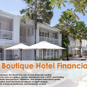 May include: A white building with a swimming pool in front of it. The building has a sign that says "Boutique Hotel Financial Model by BizzView".