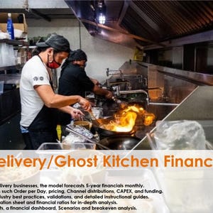 Puede incluir: Una foto de una cocina comercial con dos chefs cocinando. La imagen está acompañada de un texto que dice "Modelo financiero de entrega de comida/cocina fantasma Por Bizz View". El texto debajo del título describe el modelo como una herramienta de pronóstico financiero para las empresas de entrega de comida.