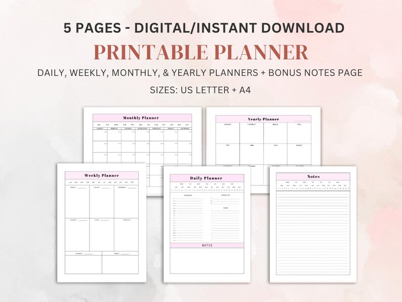 Pink Printable Productivity Planner Bundle Daily Weekly Monthly Yearly ...