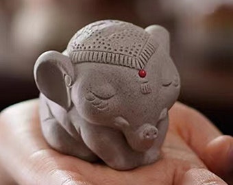 Mini Zisha Clay Elephant Statue: Zen Bonsai Decor
