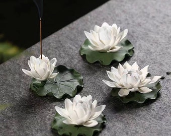 White Ceramic Lotus Flower Incense Holder: Zen Decor