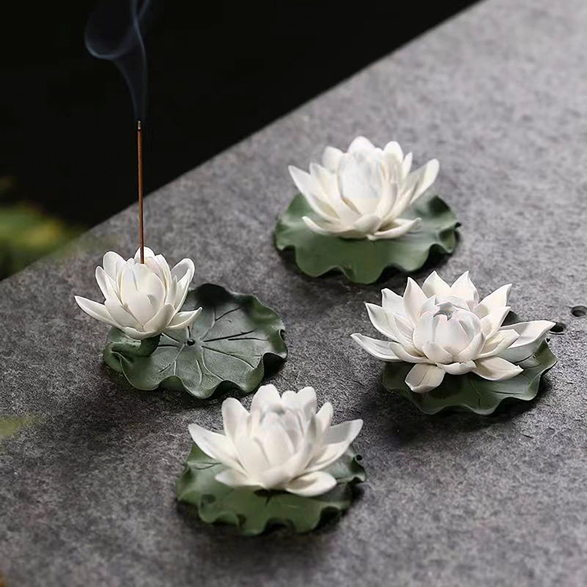 GORGECRAFT Portaincenso In Ceramica A Forma Di Loto Bianco, Foro 2,1 Mm, Bruciatore Per Bastoncini, Raccoglicenere, Decorazione Zen Per Yoga E Casa - 2