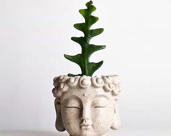 Zen Buddha Head Planter: Faux Stone Resin Succulent Pot