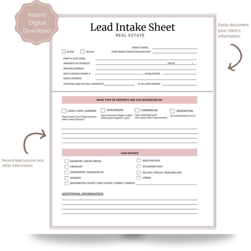 Real estate customer sheet etsy