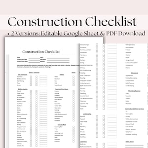 May include: A construction checklist with the title "Construction Checklist" and the text "2 Versions: Editable Google Sheet & PDF Download". The checklist includes sections for site information, building supplies, utilities, and more.
