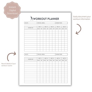 Fitness Planner Workout Log, Printable Exercise and Goal Planner