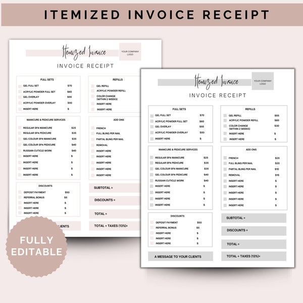 Itemized Nail Services Receipt | Nail Technician Form | Nail Client Form | Nail Client Receipt | Beauty Forms | Canva Template | Salon Form