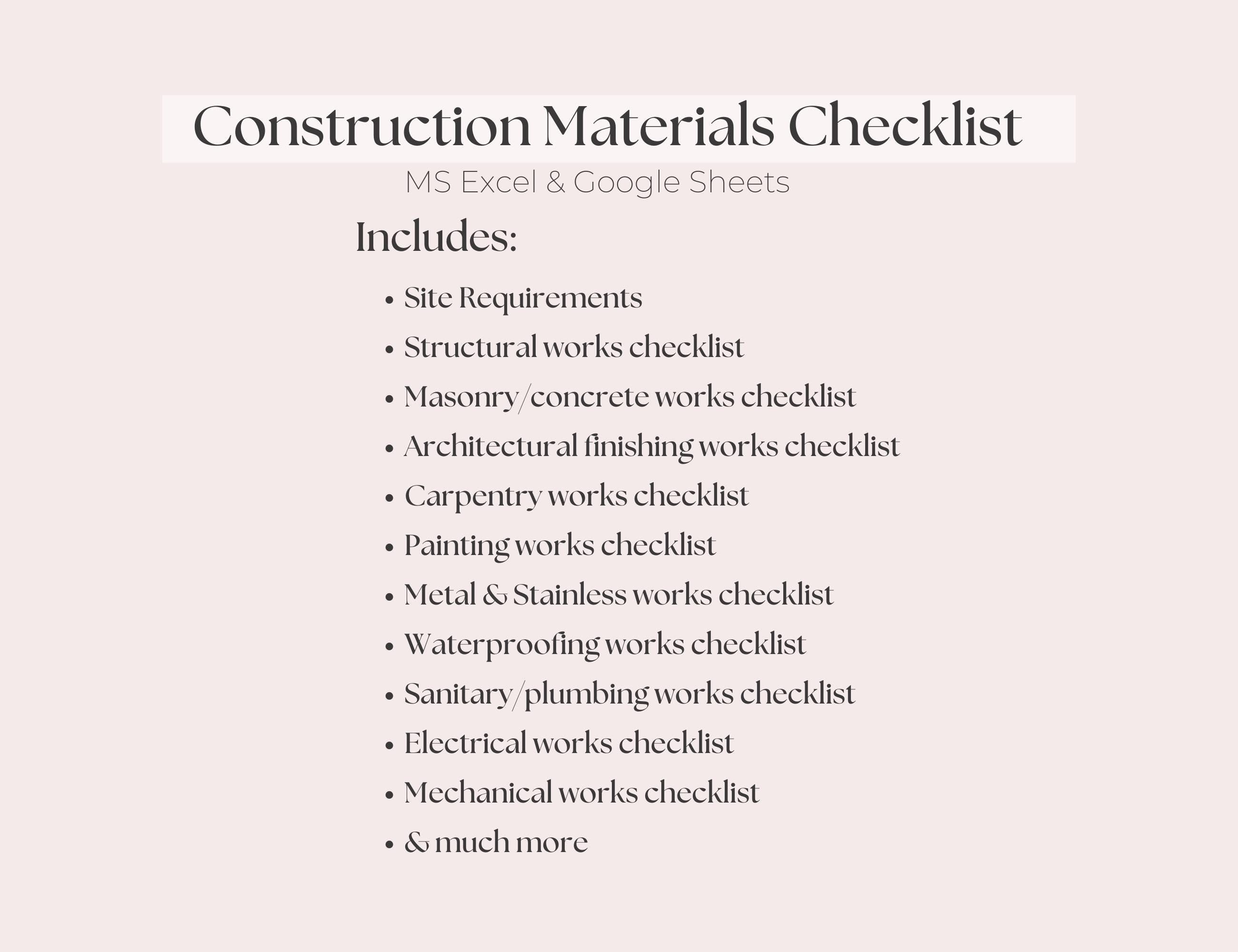 Construction Materials Checklist: Home Building Planner (excel & Google ...