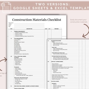Construction Materials Checklist: Home Building Planner (excel & Google ...