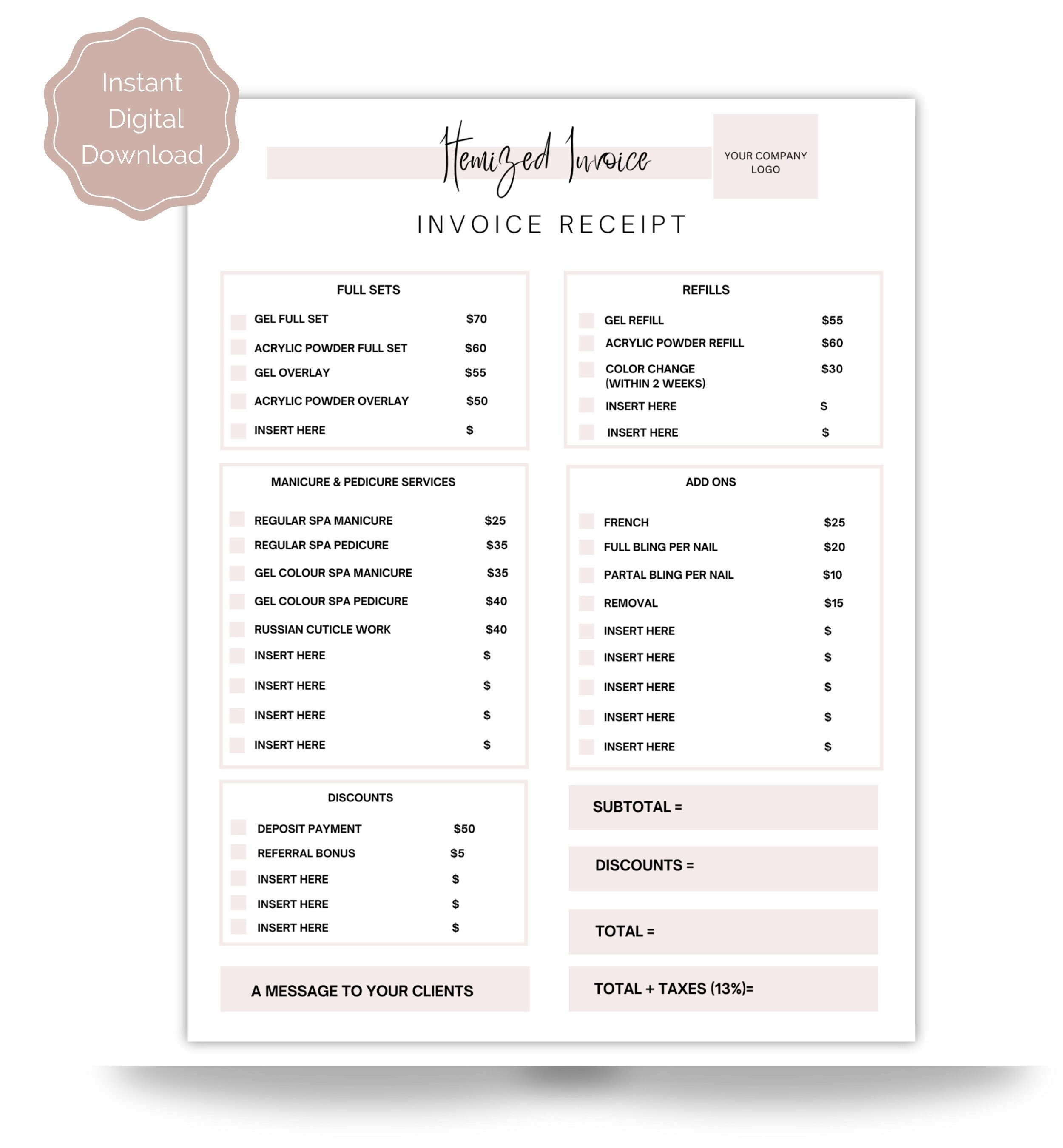Itemized Nail Services Receipt | Nail Technician Form | Nail Client ...
