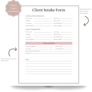 May include: A printable client intake form with sections for contractor and client details, including names, addresses, and contact information. The form also has areas for land/lot information and notes. The design is simple with a light pink header and accents.