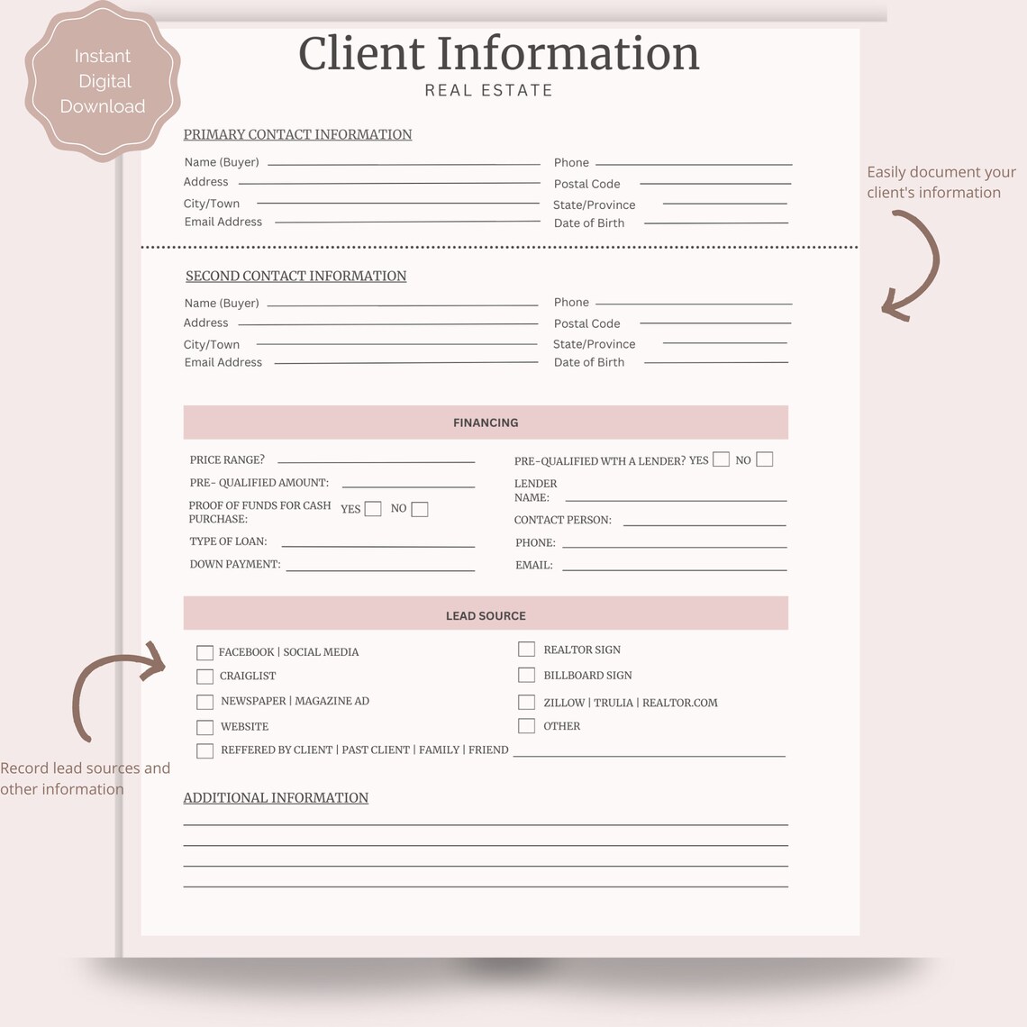 CLIENT INFORMATION Sheet | Real Estate Client Form | Real Estate Agent ...