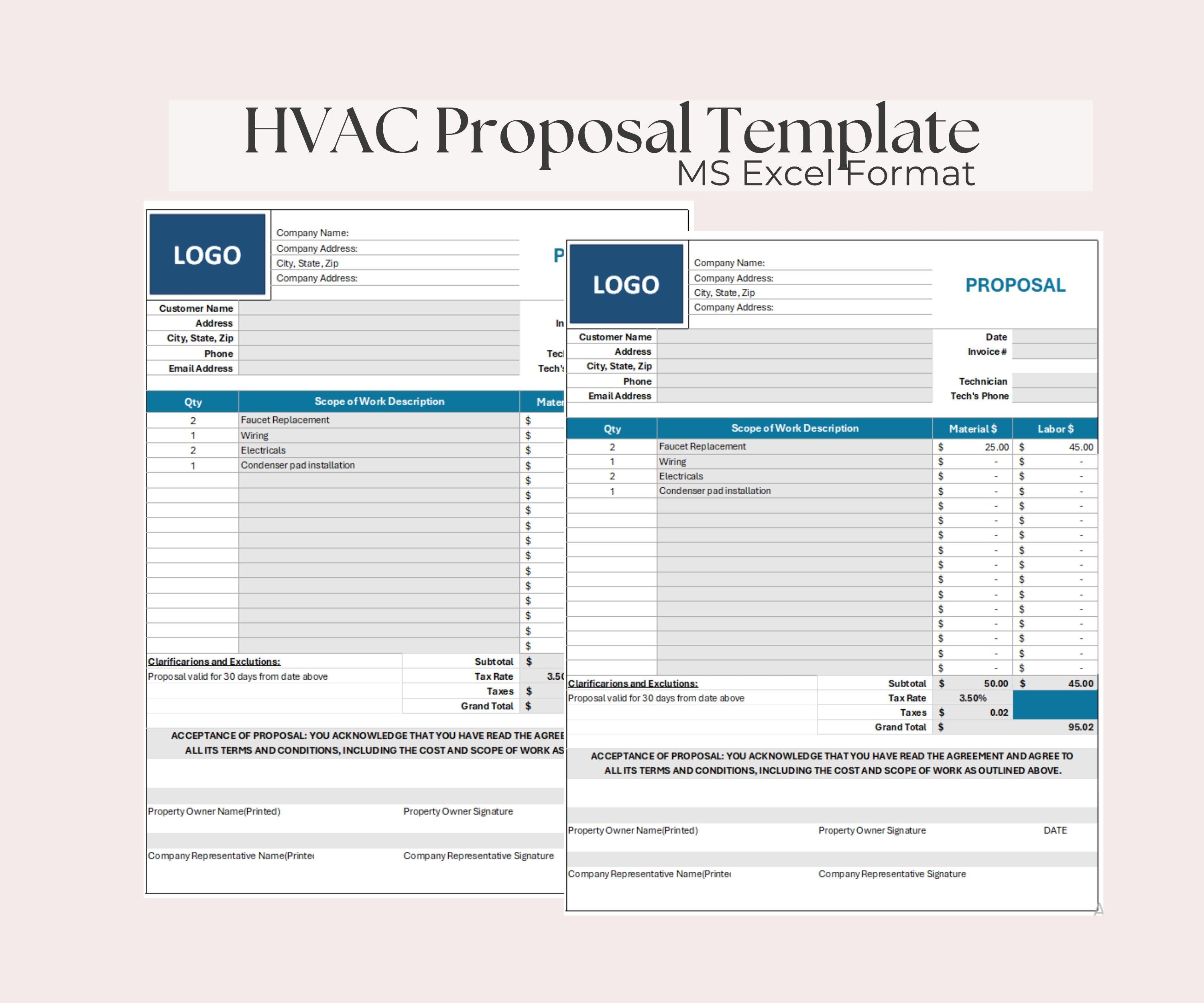 HVAC Estimate Proposal Template in Excel HVAC Contractor Quote Form