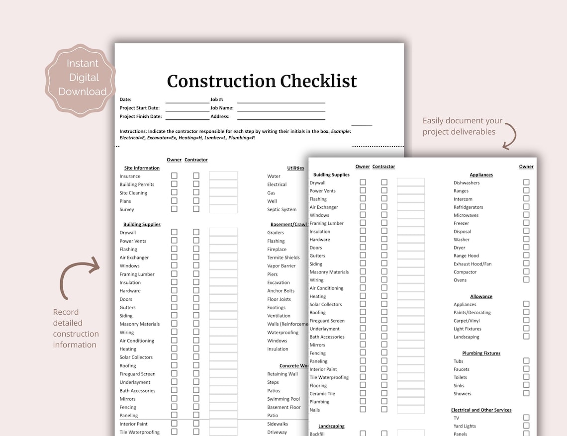 Building Construction Checklist Printable, General Contractor Checklist ...