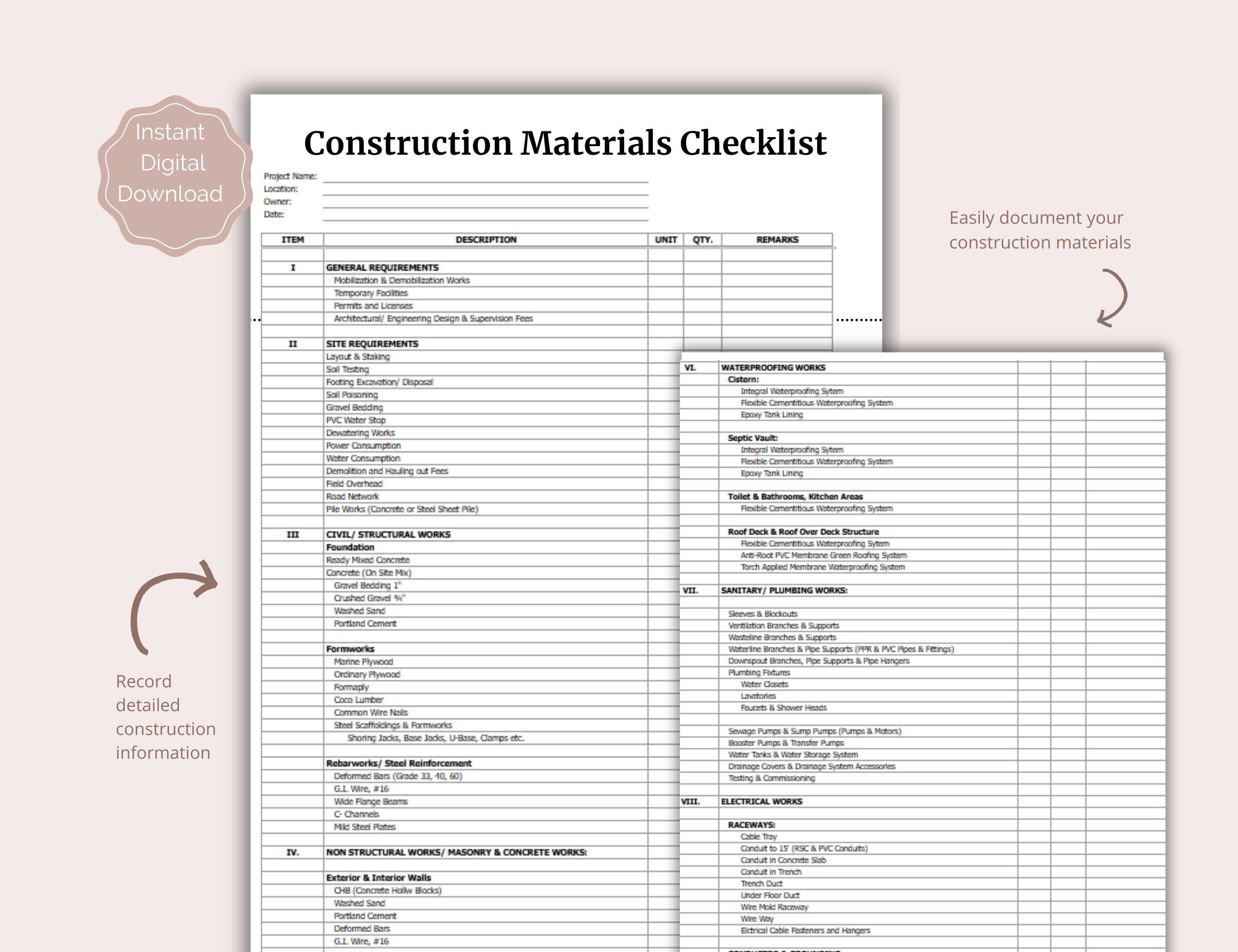 Building Tools Checklist Construction Materials Checklist: Home Building Planner (excel & Google ...