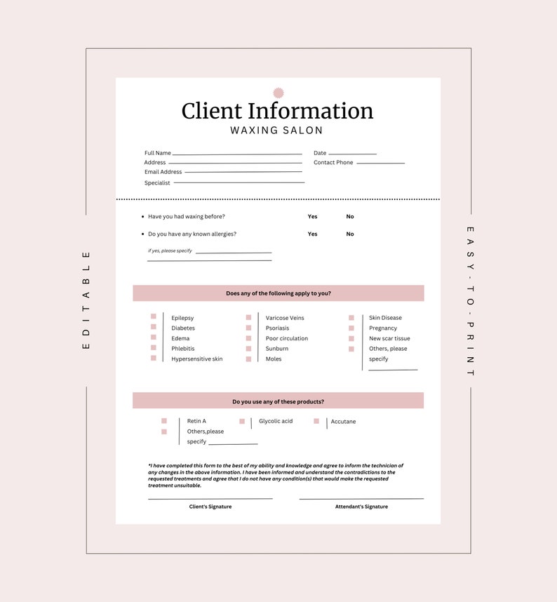 Waxing consultation form esthetician form client intake waxing salon
