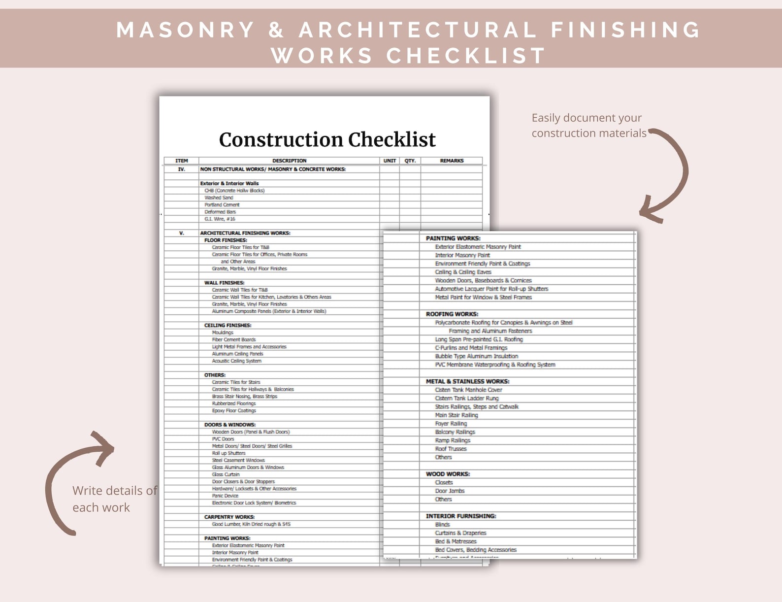 Construction Materials Checklist: Home Building Planner (excel & Google ...