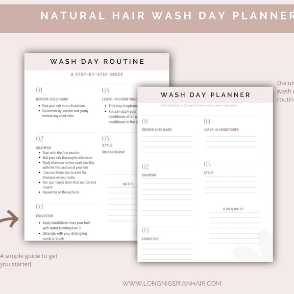 Agenda de lavage naturel des cheveux | Feuille de planification de la journée de lavage des cheveux | routine du jour de lavage | Journal de routine du jour de lavage | Page d'agenda à imprimer pour le jour de la lessive