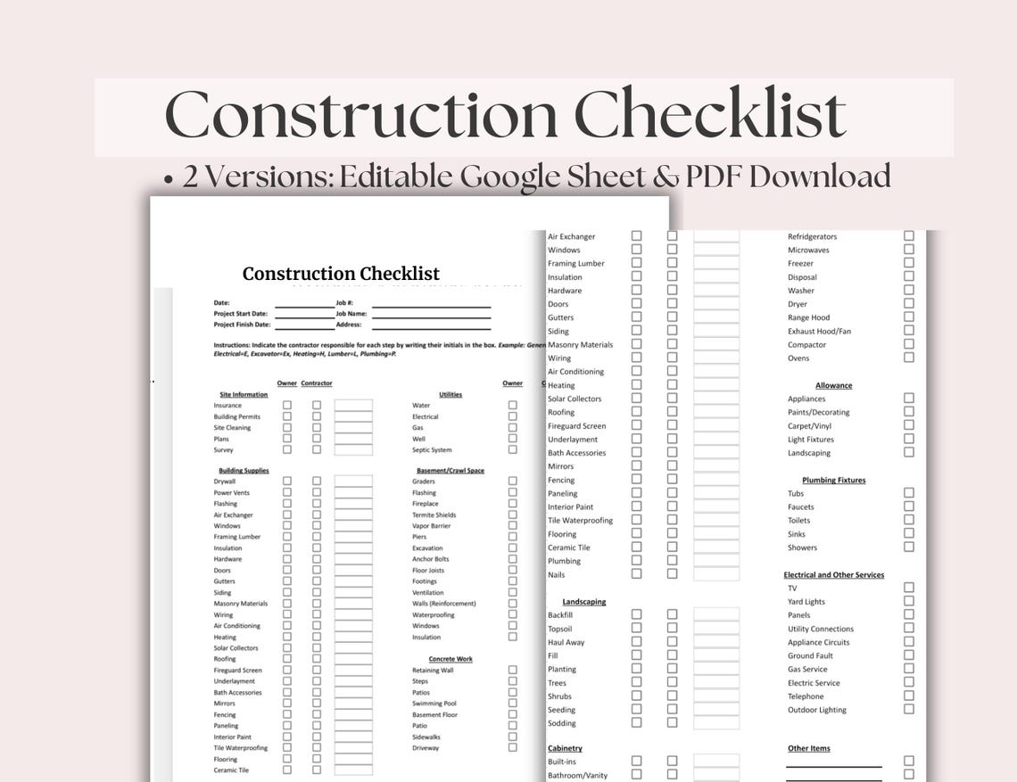 Building Construction Checklist Printable, General Contractor Checklist ...