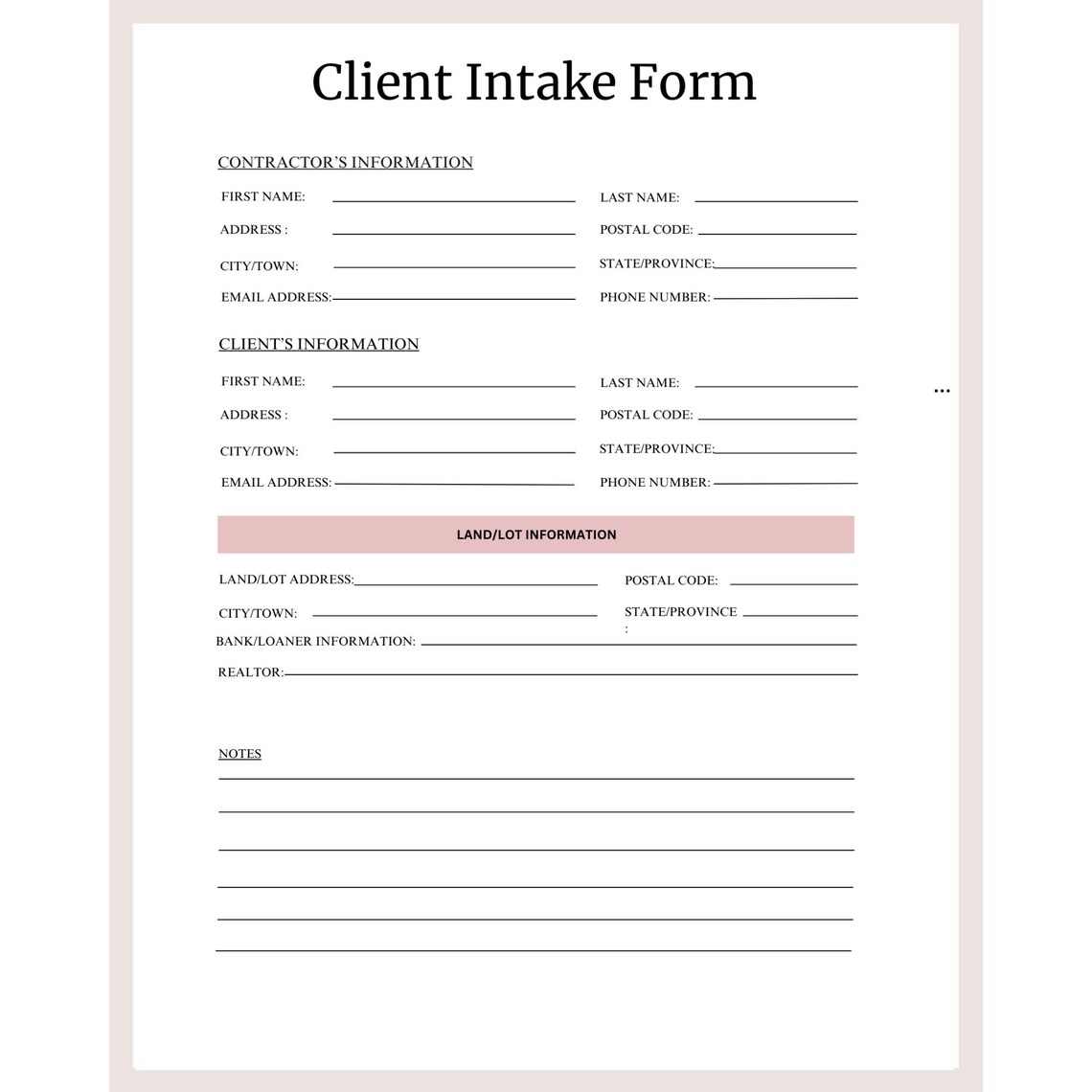 Construction Client Intake Form: Editable Contractor Template (PDF and ...