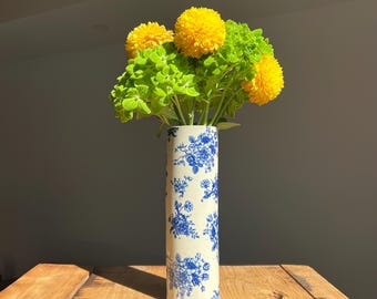 Hand-Sculpted Blue Flower Pattern Ceramic Vase