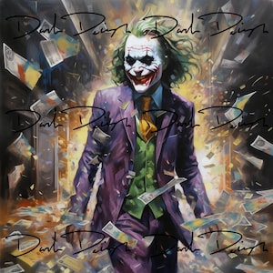 May include: A painting of the Joker from Batman, he is wearing a purple suit with a green vest and a yellow tie. He is surrounded by money and has a sinister smile on his face.