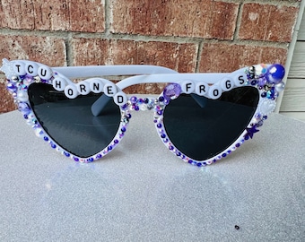 Custom Texas Christian University Rhinestone Bedazzled TCU Horned FROGS Sunglasses | College Sunnies | Students | Alumni | TCU