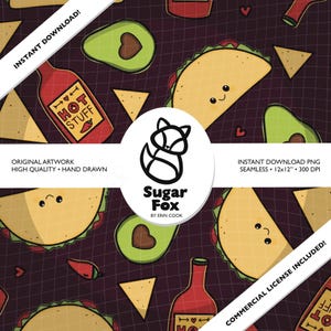 May include: A seamless pattern with cartoon tacos, avocados, tortilla chips, and hot sauce bottles on a dark background. The design includes the text "HOT STUFF" and "Sugar Fox by Erin Cook". The artwork is hand-drawn and available as an instant download.