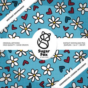 May include: A seamless digital paper pattern featuring white daisies, red and blue hearts, and a blue background. The pattern is 12 inches by 12 inches and 300 DPI. The text "Sugar Fox" is in the centre of the image.
