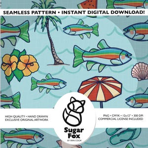 Fish Girl Summer Rainbow Trout Seamless Pattern PNG Tropical Fish Beach Vacation Coastal Fishing Fabric Commercial Use Surface Design Print