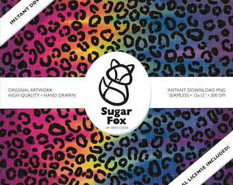 Stampa arcobaleno brillante di Lucy's Leopard senza cuciture, motivo PNG a 300 DPI, download immediato per carta digitale, vinile, design di superficie in tessuto 12x12