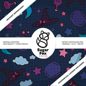 May include: A seamless digital paper pattern featuring a witch's hat, stars, moons, potion bottles, and cauldrons on a dark blue background. The pattern is 12x12 inches and 300 DPI.  The text "INSTANT DOWNLOAD PNG" and "COMMERCIAL LICENSE INCLUDED!" is also included in the image.