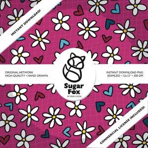 Könnte beinhalten: Ein nahtloses digitales Papiermuster mit weißen Gänseblümchen, roten und blauen Herzen auf rosa Hintergrund. Das Muster ist 12 Zoll mal 12 Zoll groß und hat 300 DPI. Der Text "Sugar Fox" befindet sich in der Mitte des Bildes.