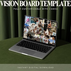 May include: A laptop computer displaying a vision board template with a collage of images and text. The text on the vision board includes "I am the luckiest girl in the world". The laptop is on a green surface. The text "VISION BOARD TEMPLATE" and "FULLY CUSTOMIZABLE WITH CANVA" is displayed at the top of the image. The text "INSTANT DIGITAL DOWNLOAD" is displayed at the bottom of the image.