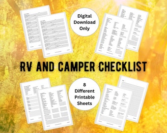 May include: An RV and camper checklist with eight different printable sheets. The text "Digital Download Only" is in a white circle. The background is a blurred image of a forest with yellow and green tones. The text "RV and Camper Checklist" is in large black letters.
