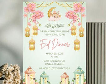May include: An invitation to an Eid dinner with a green and pink floral design. The invitation includes the text "The Mian Family would like to invite you to an Eid Dinner" and the date and time of the event.