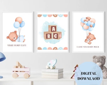 Teddy Bear Nursery Print Set: ABC Blocks, Balloons (Digital Download)