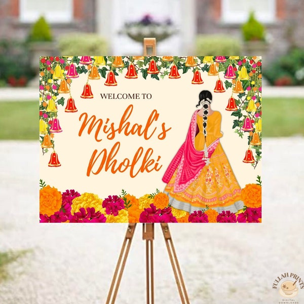 Dholki Welcome Sign with Hand Drawn Illustration, Mayoun Welcome Sign, Haldi Sign, Mehndi Sign, Colorful Dholki Entrance Sign, Dholki Sign