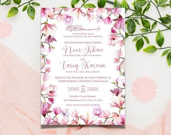 May include: A wedding invitation with a floral design featuring pink and white magnolia blossoms. The invitation announces the wedding of Noor Khan and Tariq Kareem, with the date and time of the ceremony: Saturday, November 12, 2022 at 6:00 PM. The location is Crystal Banquet, 6300 Independence Pkwy, Plano, TX 75023. The invitation also includes the phrase "In the name of Allah, the most gracious, the most merciful."