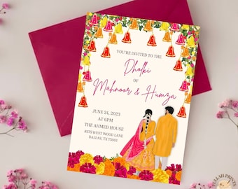 Floral Dholki Invitation Template: Hand Drawn Illustration (Digital Download)