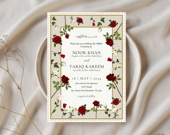 Invitación Nikkah con marco de rosas, plantilla de invitación Nikkah moderna y elegante, plantilla editable, invitación de boda islámica