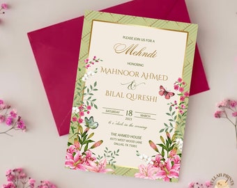 Floral Mehndi Invitation Template: Green & Pink (Digital Download)