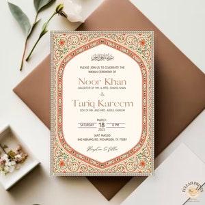 Convite Nikkah com moldura intrincada, convite Nikkah digital e editável, convite de casamento islâmico, convite Shaadi, convite Mughal Nikkah