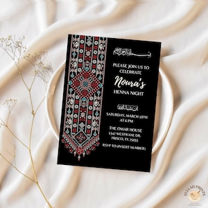 Invitación de henna de tira de Tatreez negra, invitación a la noche de henna árabe, invitación tradicional palestina de henna Tatreez, tarjeta de celebración de henna roja